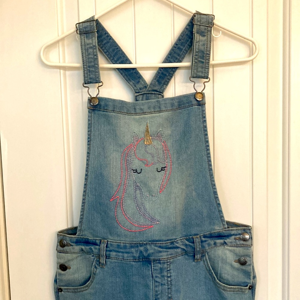 Cat & Jack Girl's Embroidered Unicorn Light Denim Wash Jean Overalls XL (14/16) - Picture 3 of 9